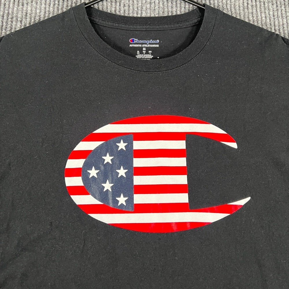 Champion Shirt Womens Medium Black Short Sleeve American Flag Patriotic Casual